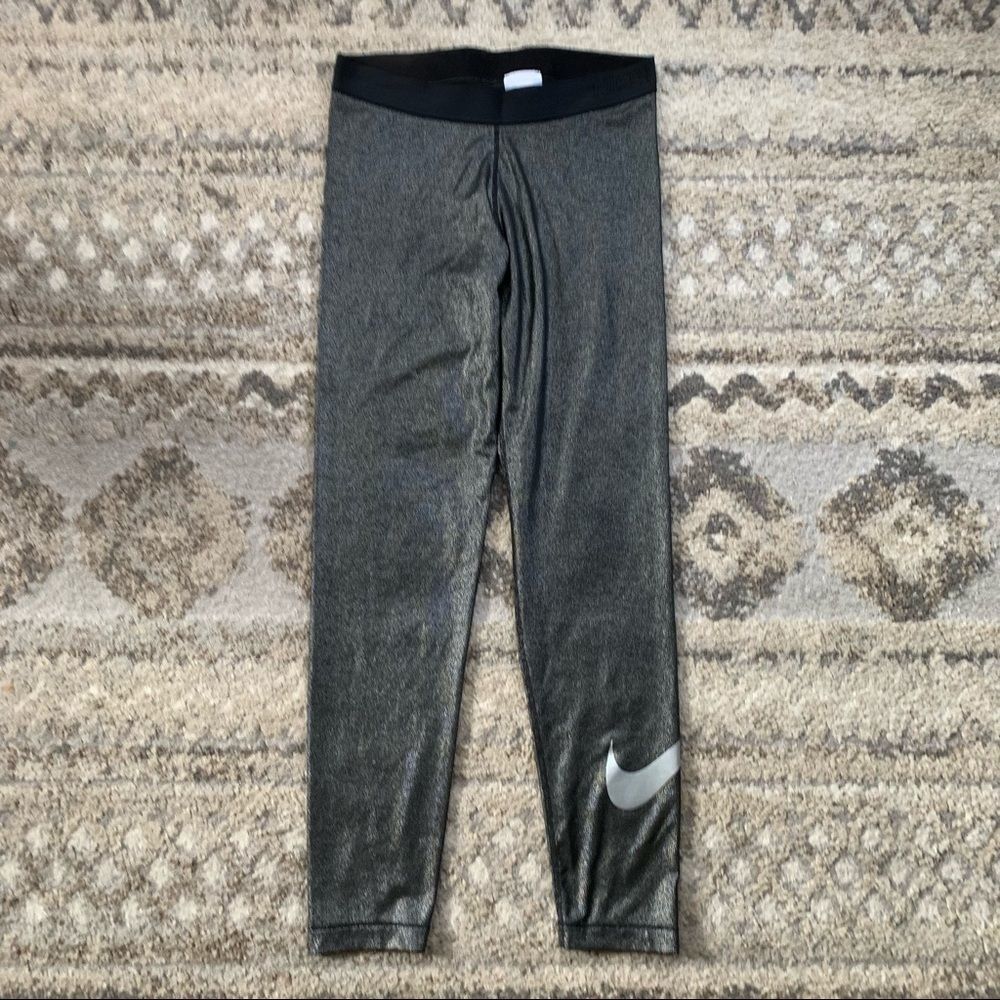 Nike Black Metallic Leggings with Silver Swoosh